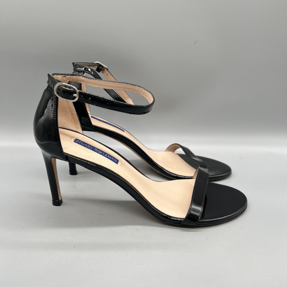 Stuart Weitzman Sandals Womens 10 Black Patent Ankle Strap Stiletto Heel Shoes